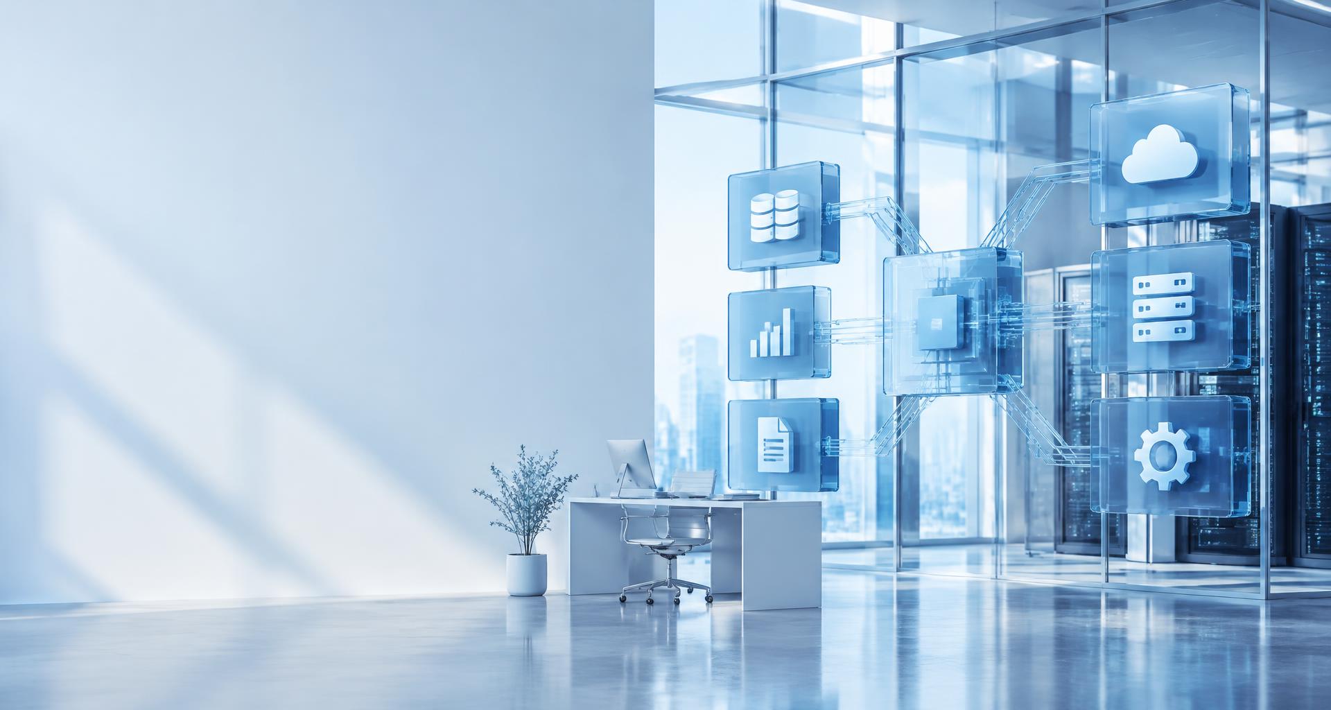 Conceptual illustration of business systems connected through an AI integration layer